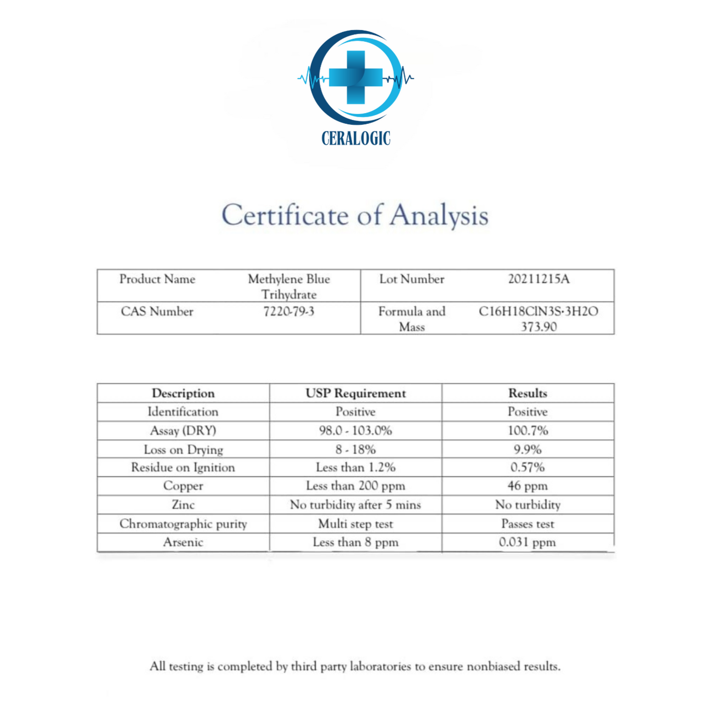 CERALOGIC Methylene Blue - USP Grade, Formaldehyde-Free